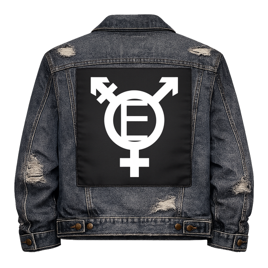 Black fabric back patch sew onto a denim jacket with the design "Trans Equality"