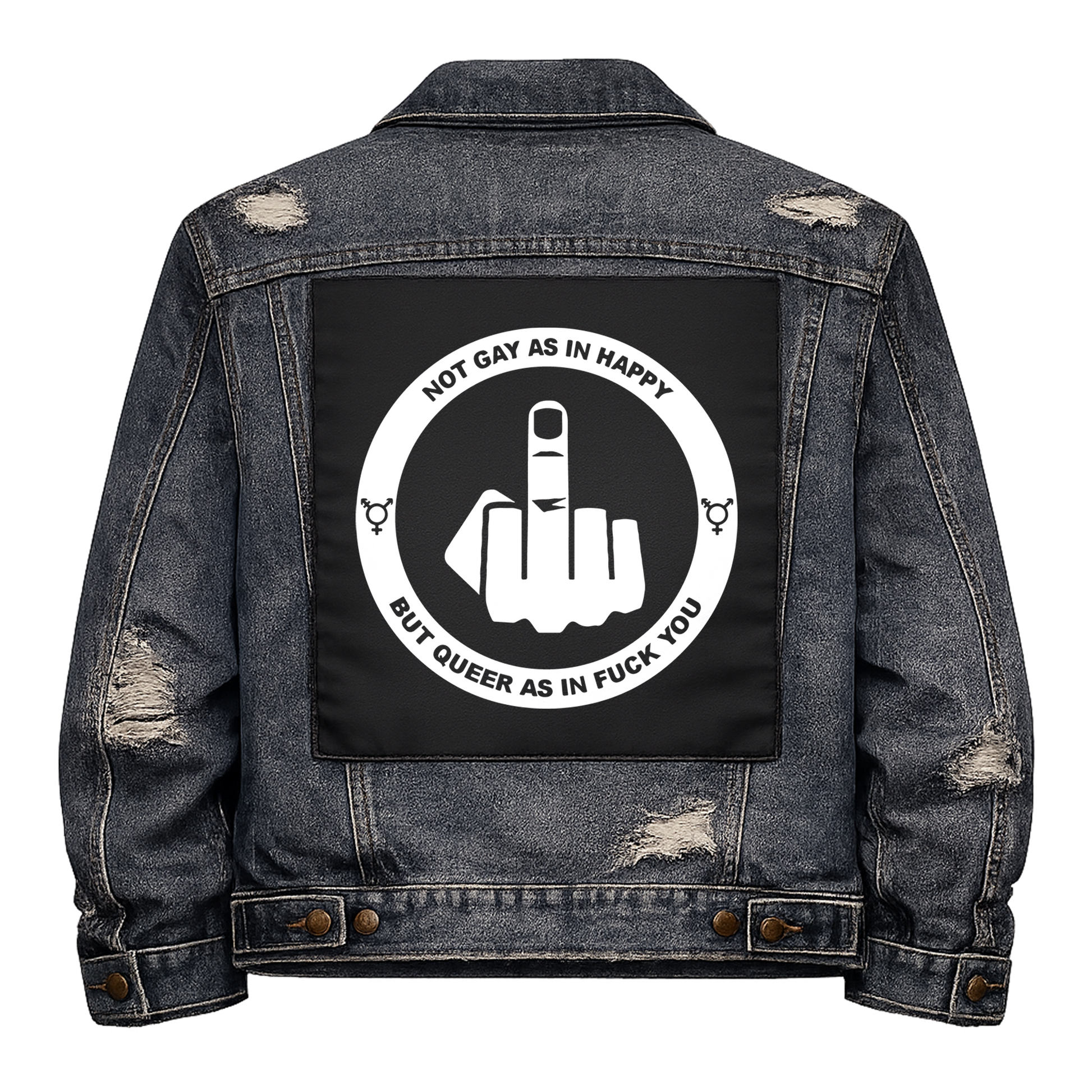 Black fabric back patch sew onto a denim jacket with the design "Queer as in Fuck You"