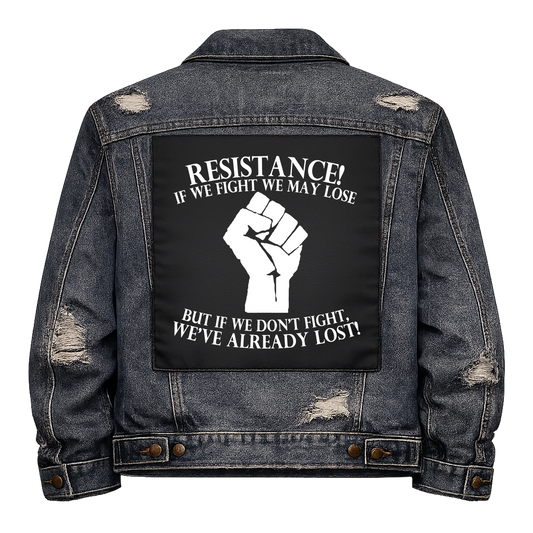 Black fabric back patch sew onto a denim jacket with the design "Resistance Fist"