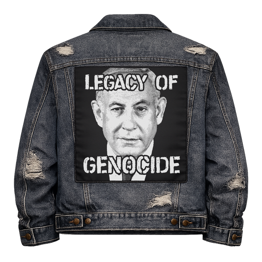 Black fabric back patch sew onto a denim jacket with the design "Netanyahu Legacy of Genocide"