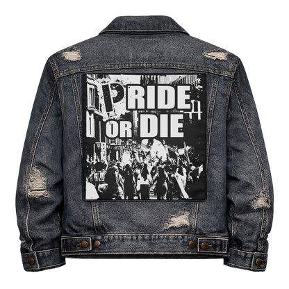 Black fabric back patch sew onto a denim jacket with the design "Pride or Die"
