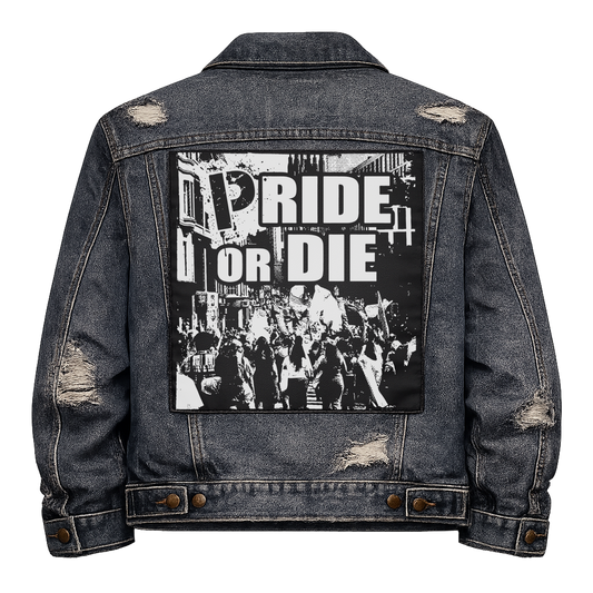 Black fabric back patch sew onto a denim jacket with the design "Pride or Die"