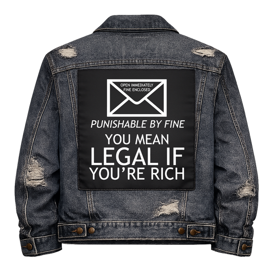 Black fabric back patch sew onto a denim jacket with the design "Legal if you're Rich"