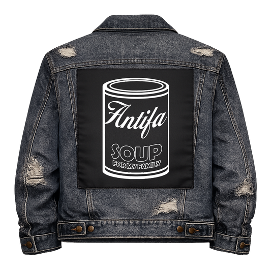 Black fabric back patch sew onto a denim jacket with the design "Soup for my Family"