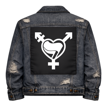 Black fabric back patch sew onto a denim jacket with the design "Trans Antifa Heart"