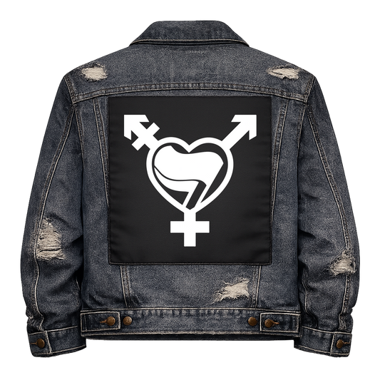 Black fabric back patch sew onto a denim jacket with the design "Trans Antifa Heart"