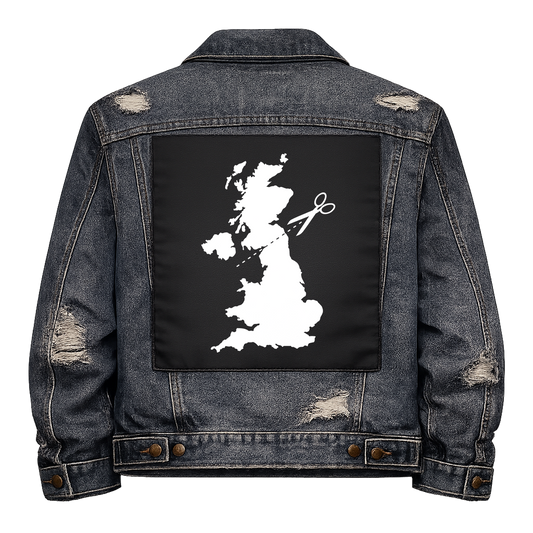 Black fabric back patch sew onto a denim jacket with the design "Snip the UK"
