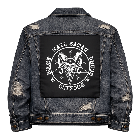 Black fabric back patch sew onto a denim jacket with the design "Hail Satan"