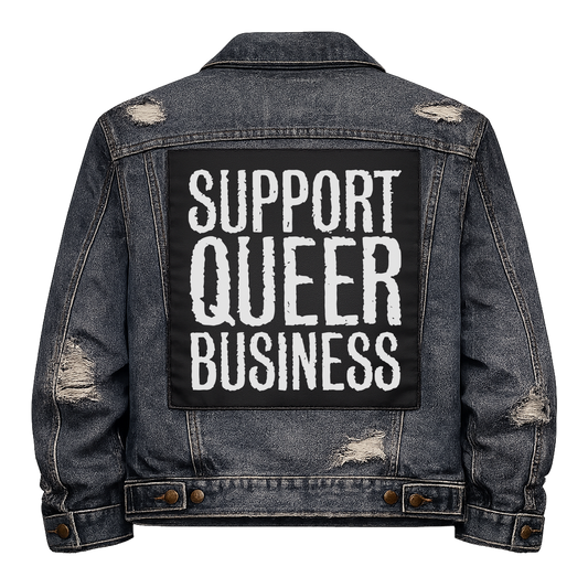 Black fabric back patch sew onto a denim jacket with the design "Support Queer Business"