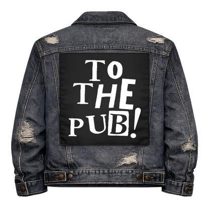 Black fabric back patch sew onto a denim jacket with the design "To the Pub"