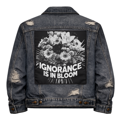 Black fabric back patch sew onto a denim jacket with the design "Ignorance is in Bloom"