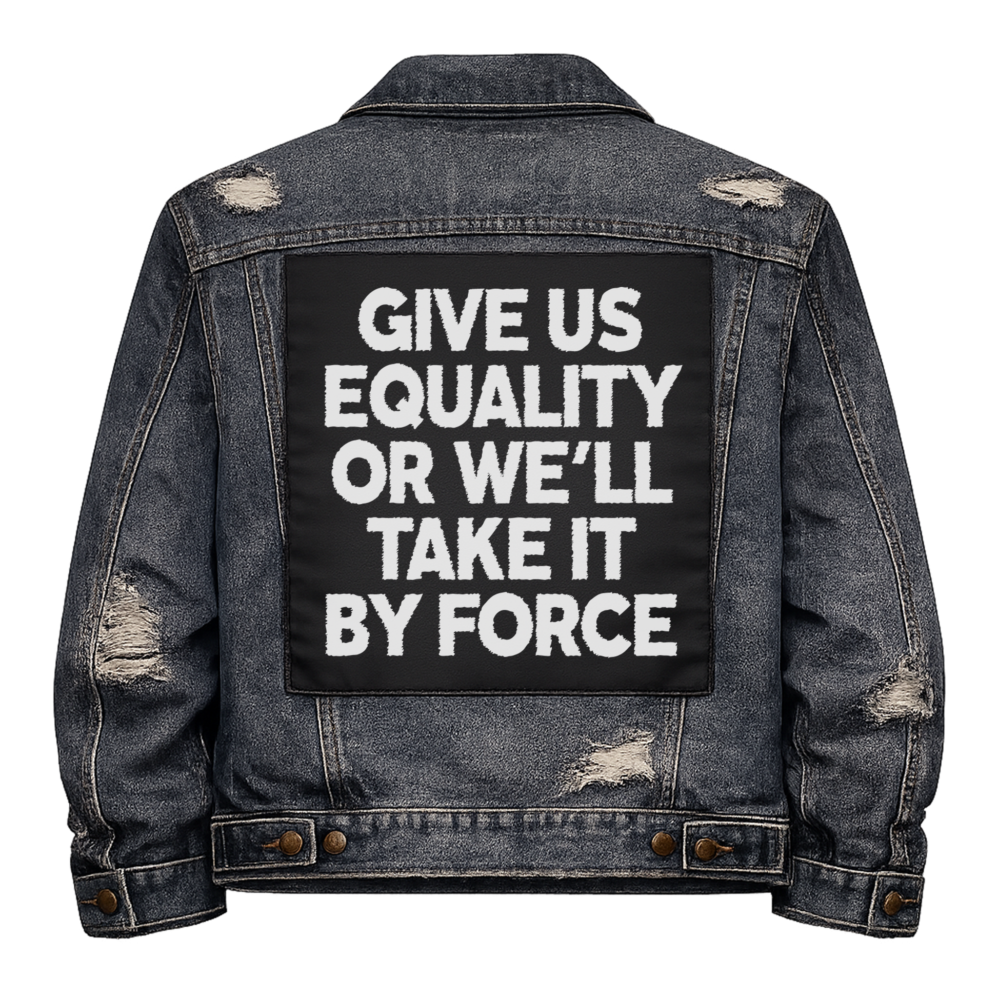 Black fabric back patch sew onto a denim jacket with the design "Take Equality by Force"