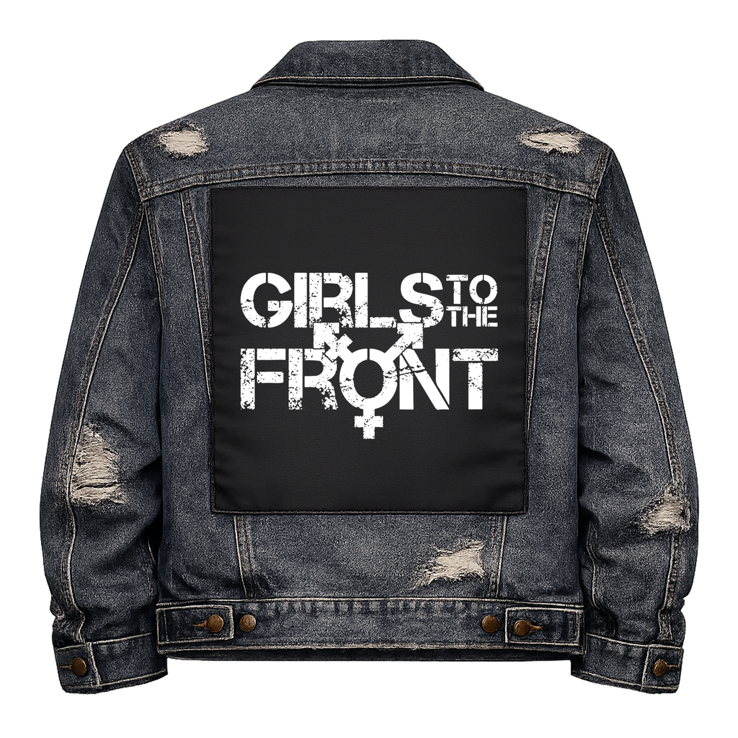 Black fabric back patch sew onto a denim jacket with the design "Girls to the Front"