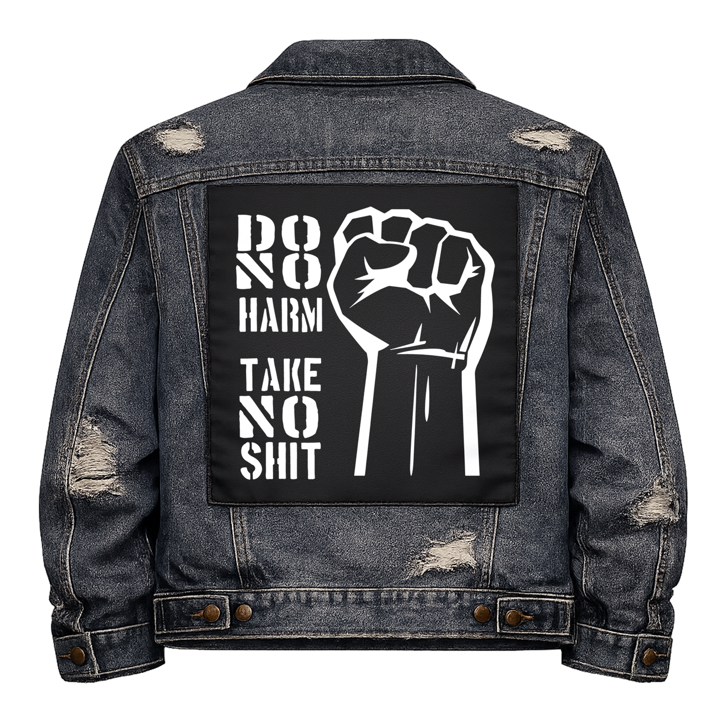 Black fabric back patch sew onto a denim jacket with the design "Take no Shit"