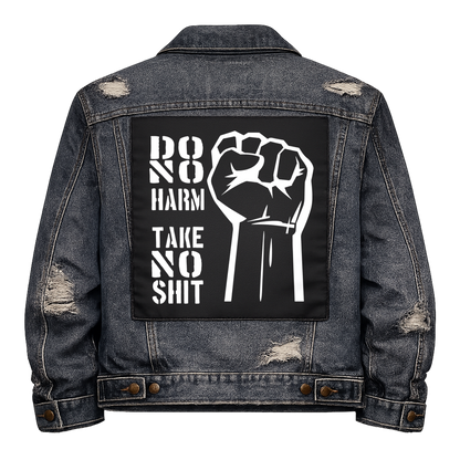 Black fabric back patch sew onto a denim jacket with the design "Take no Shit"