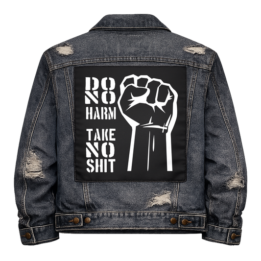 Black fabric back patch sew onto a denim jacket with the design "Take no Shit"