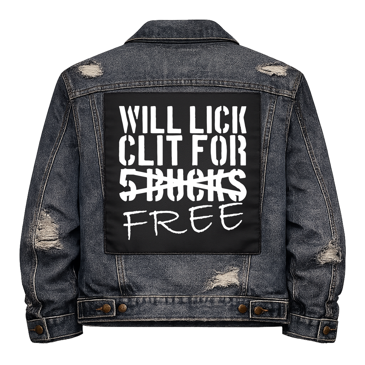 Black fabric back patch sew onto a denim jacket with the design "Lick for Free"
