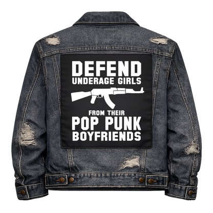 Black fabric back patch sew onto a denim jacket with the design "Pop Punk Boyfriends"