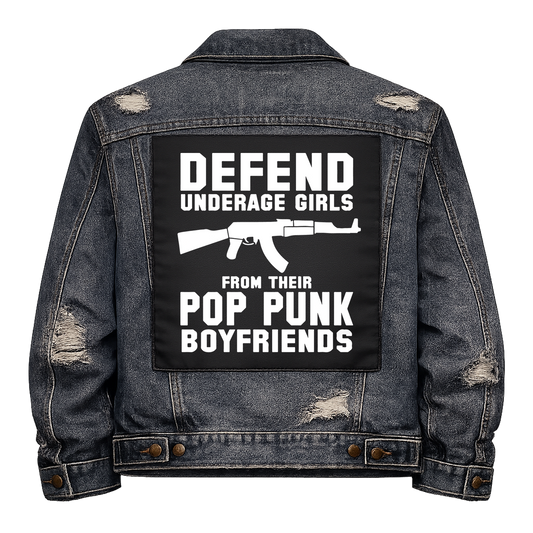 Black fabric back patch sew onto a denim jacket with the design "Pop Punk Boyfriends"