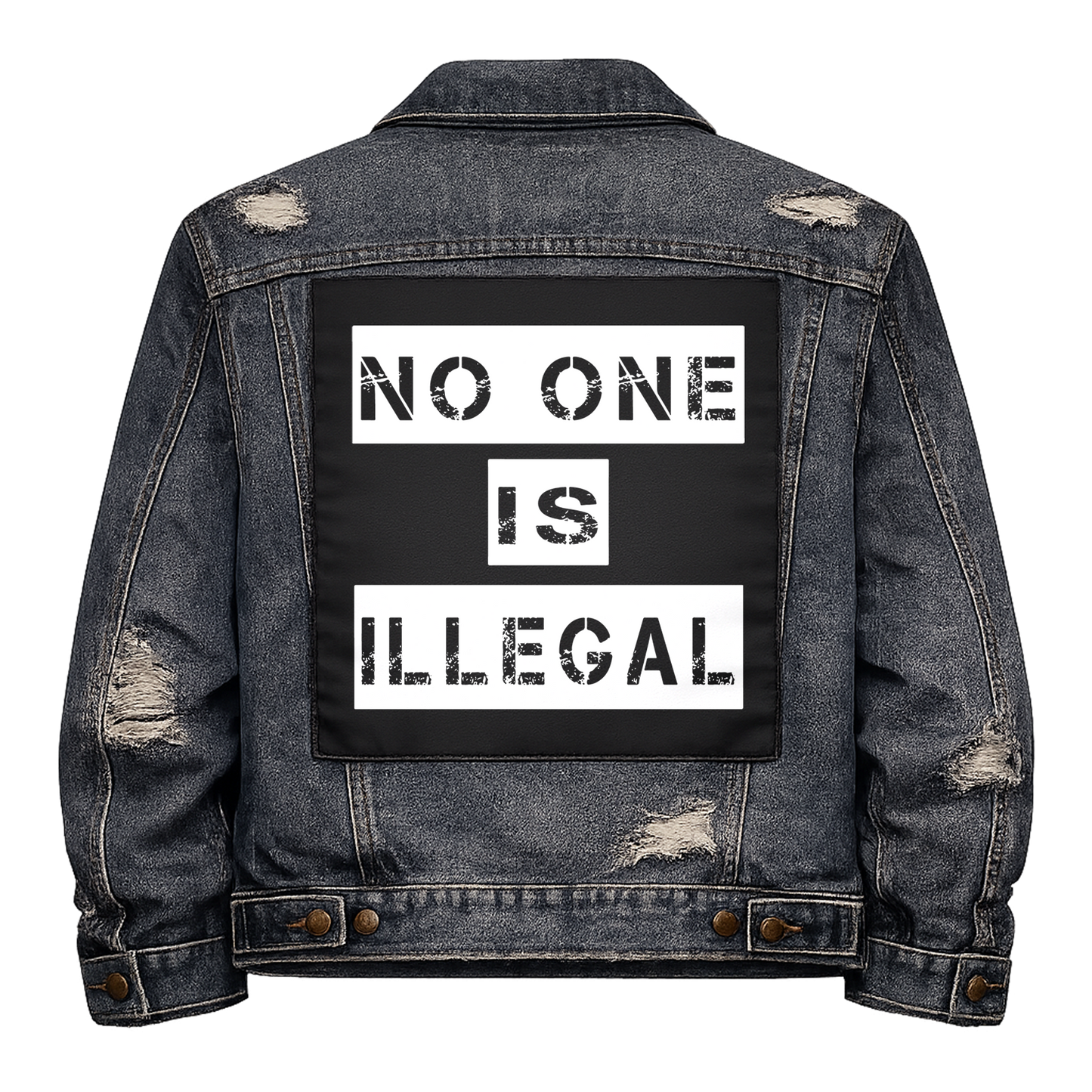 Black fabric back patch sew onto a denim jacket with the design "No One is Illegal"