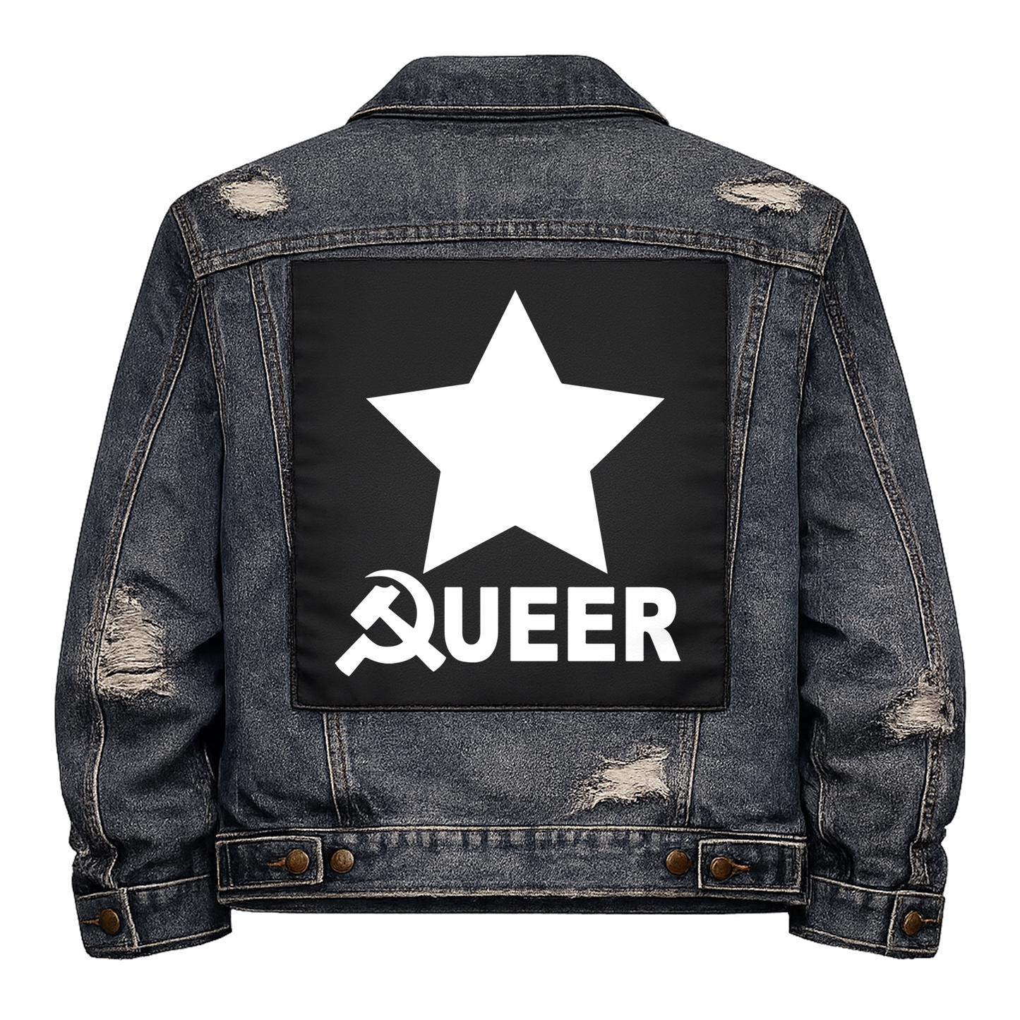 Black fabric back patch sew onto a denim jacket with the design "Queer Socialist"