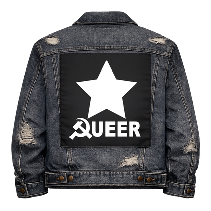 Black fabric back patch sew onto a denim jacket with the design "Queer Socialist"