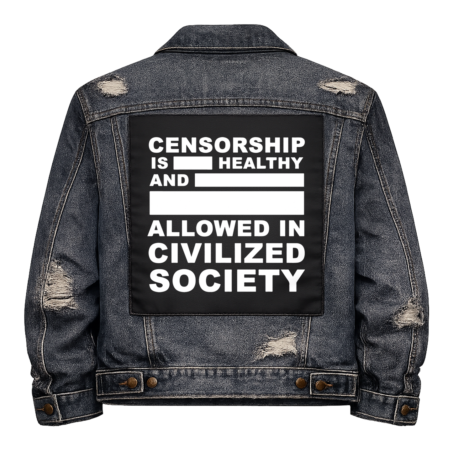 Black fabric back patch sew onto a denim jacket with the design "Censorship"