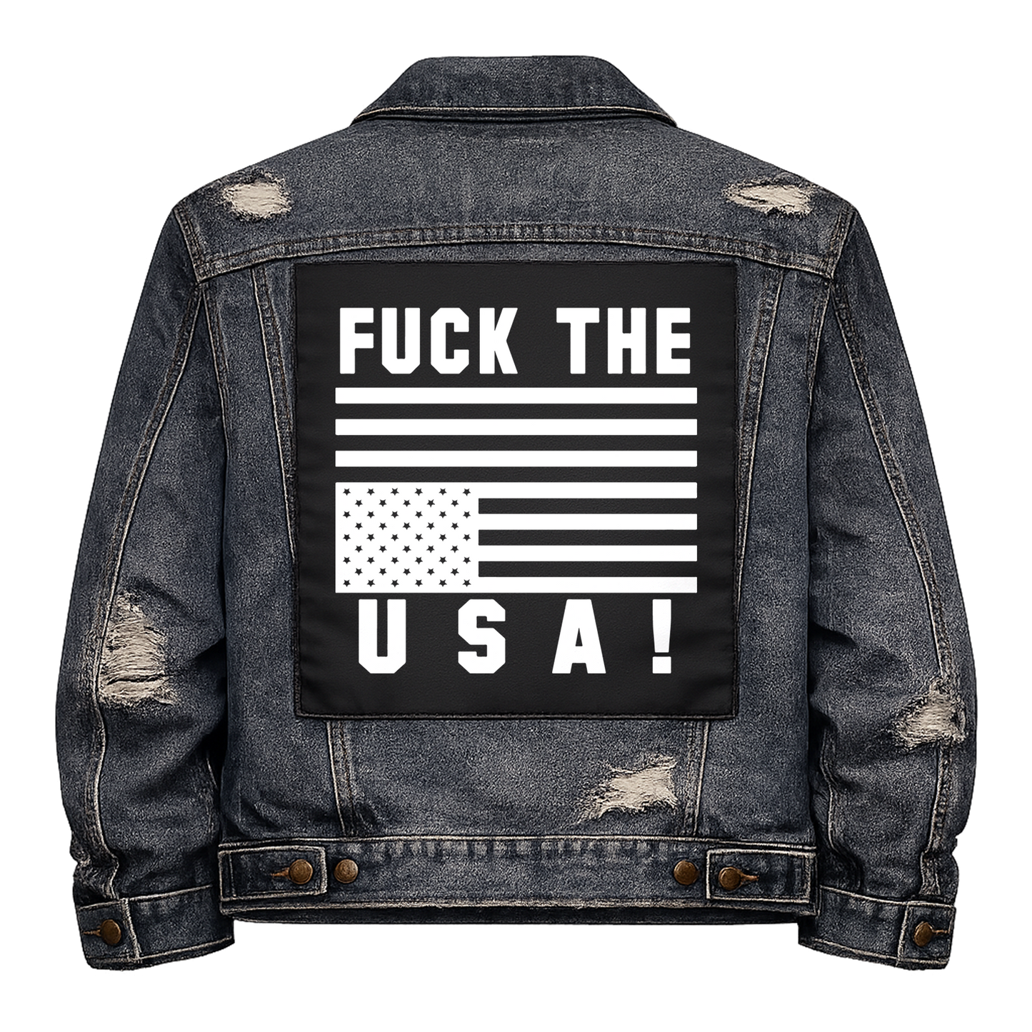 Black fabric back patch sew onto a denim jacket with the design "Fuck the USA"