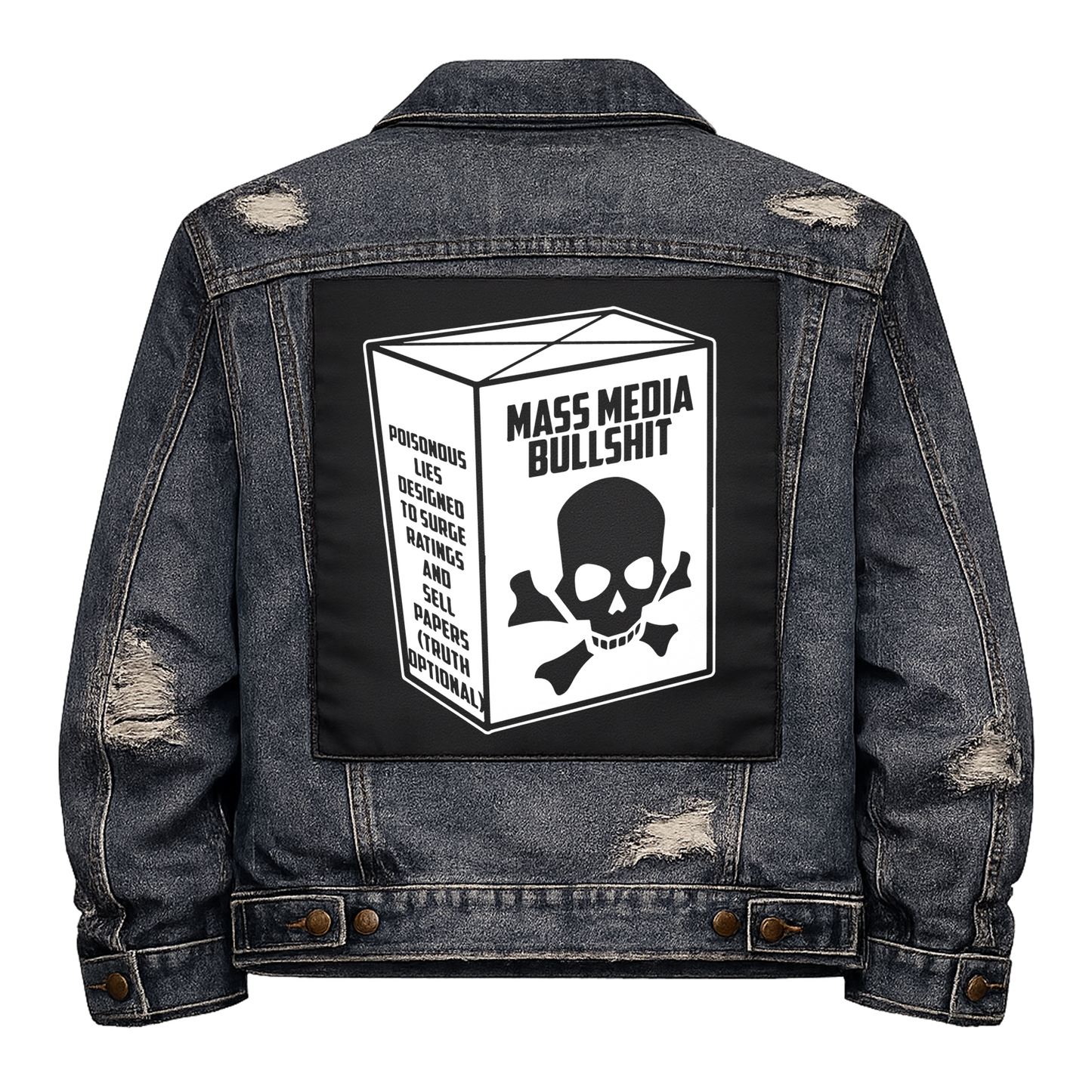 Black fabric back patch sew onto a denim jacket with the design "Mass Media Bullshit"