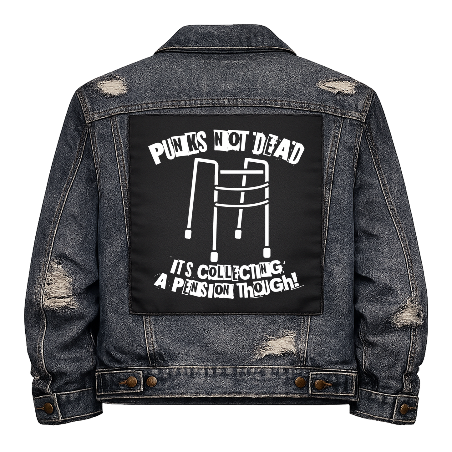 Black fabric back patch sew onto a denim jacket with the design "Pension Punks"