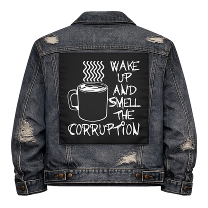 Black fabric back patch sew onto a denim jacket with the design "Smell the Corruption"
