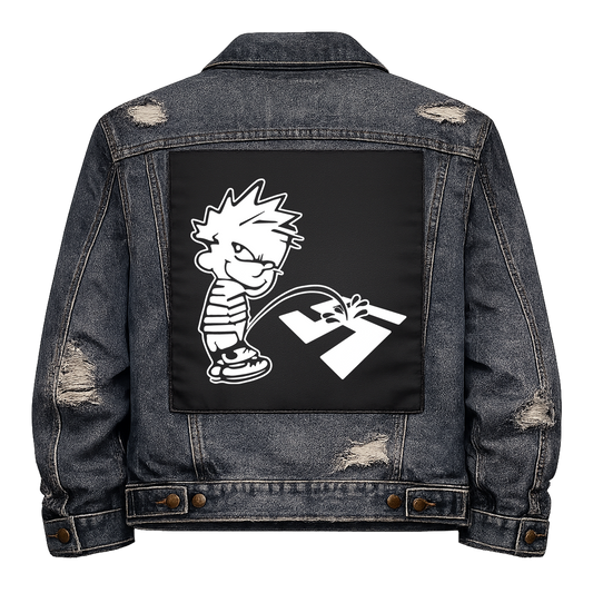Black fabric back patch sew onto a denim jacket with the design "Piss on Nazis"