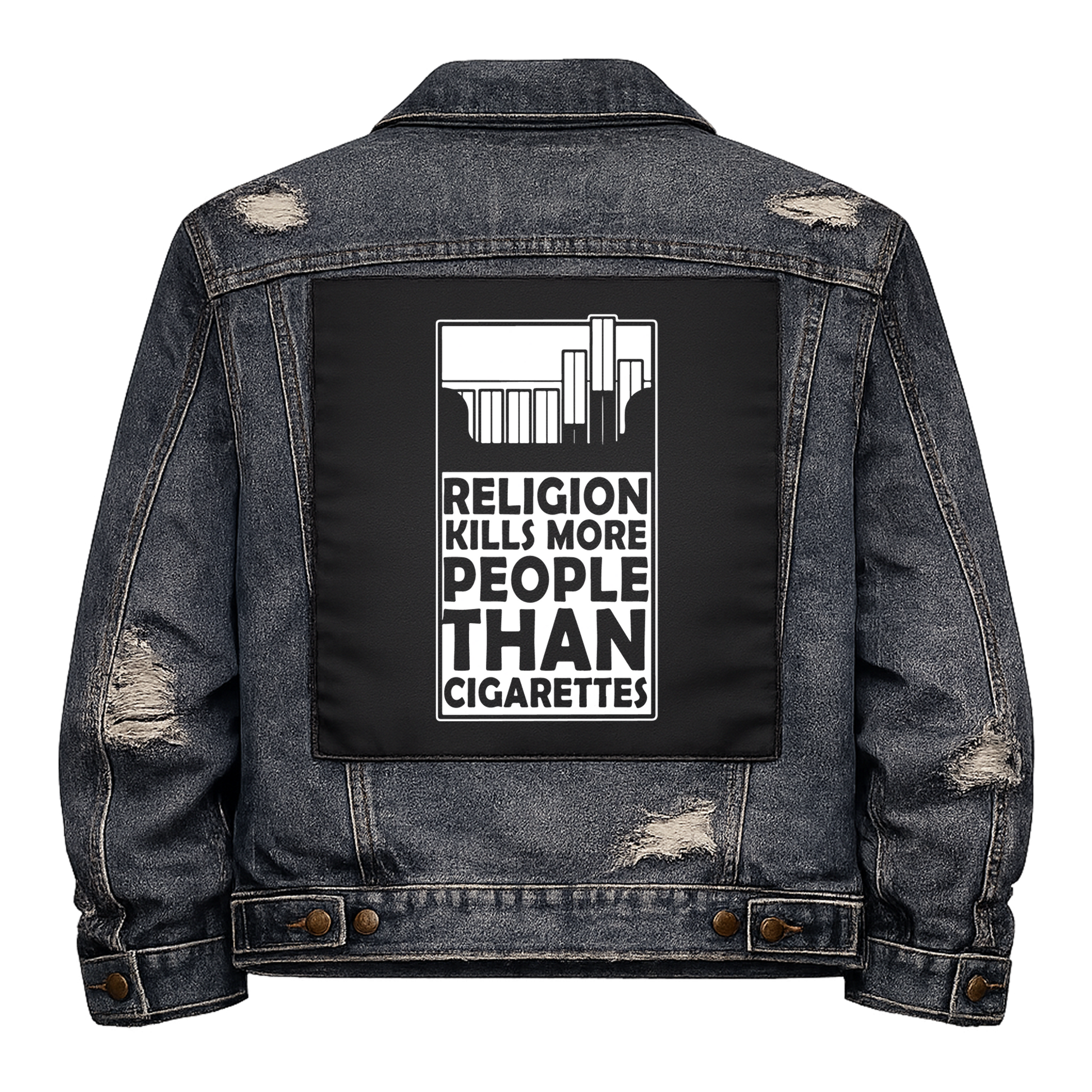 Black fabric back patch sew onto a denim jacket with the design "Religion Kills"