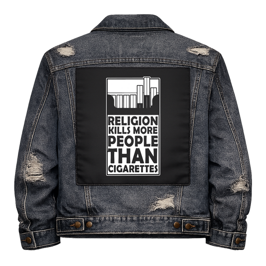 Black fabric back patch sew onto a denim jacket with the design "Religion Kills"