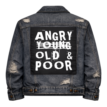 Black fabric back patch sew onto a denim jacket with the design "Angry, Old and Poor"