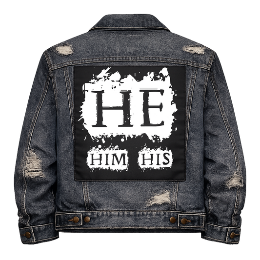 Black fabric back patch sew onto a denim jacket with the design "He Pronoun"