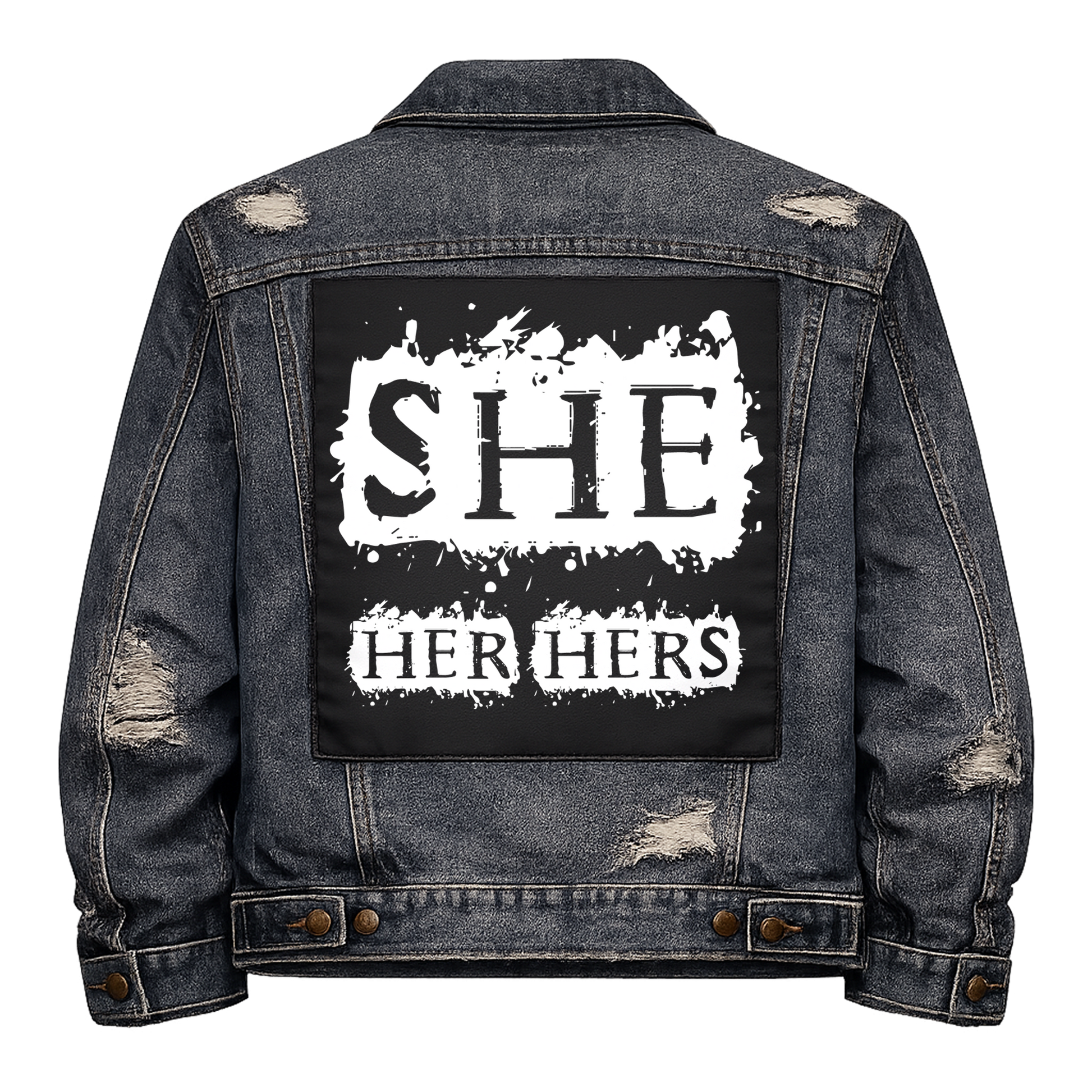 Black fabric back patch sew onto a denim jacket with the design "She Pronoun"