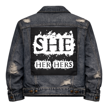 Black fabric back patch sew onto a denim jacket with the design "She Pronoun"