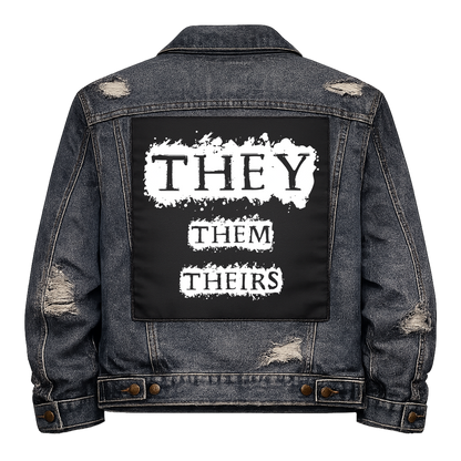 Black fabric back patch sew onto a denim jacket with the design "They Pronoun"