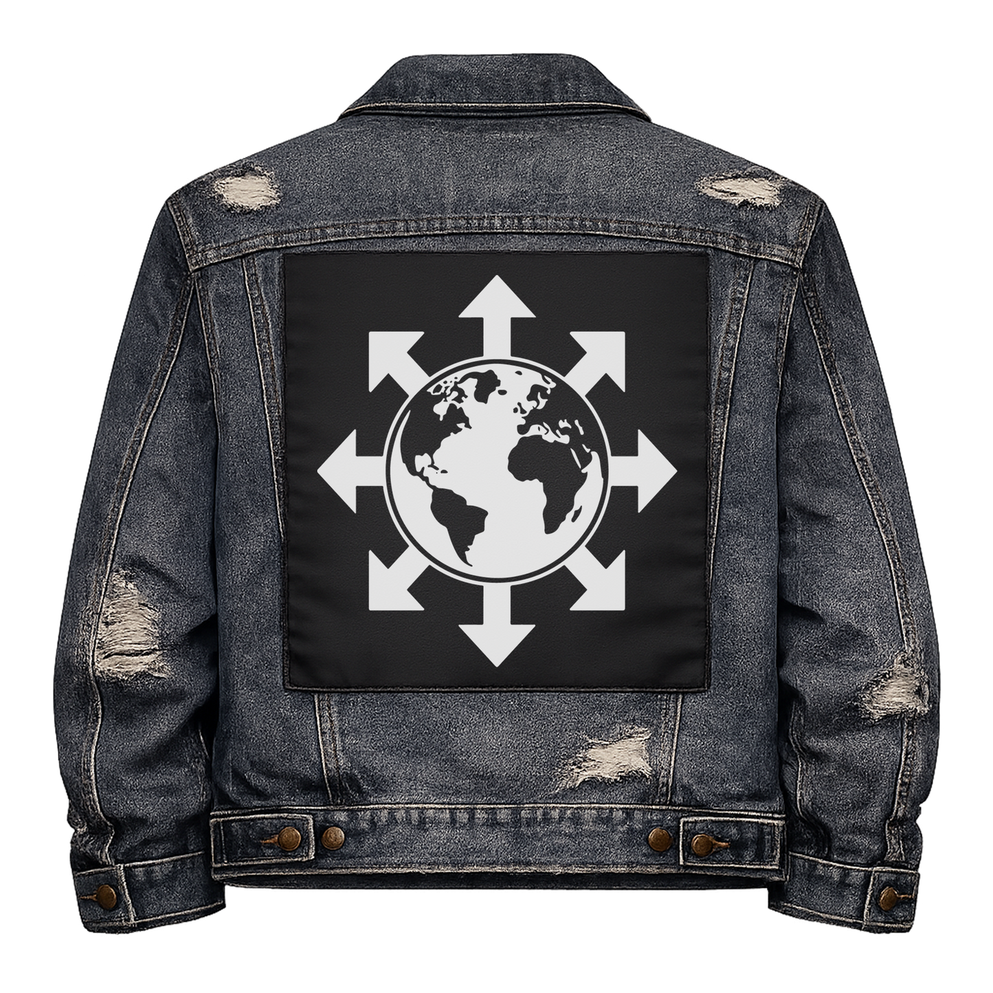 Black fabric back patch sew onto a denim jacket with the design "World of Chaos"
