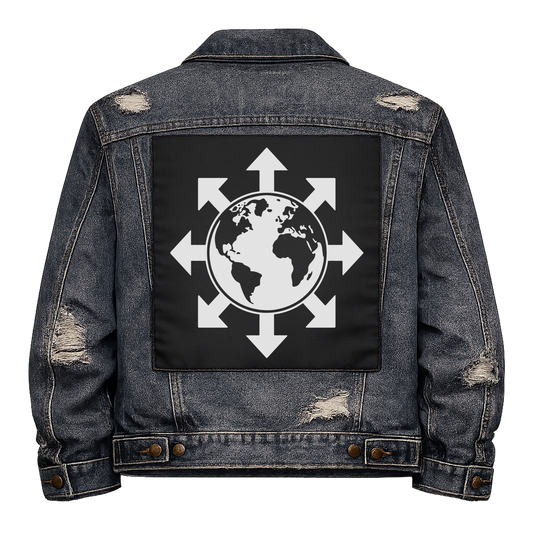 Black fabric back patch sew onto a denim jacket with the design "World of Chaos"