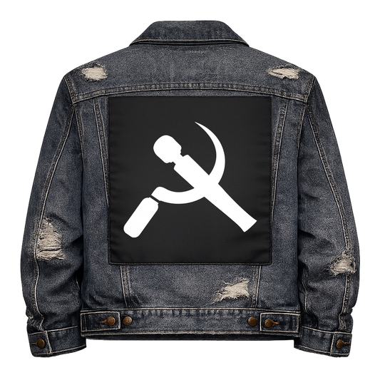 Black fabric back patch sew onto a denim jacket with the design "Cummunist"