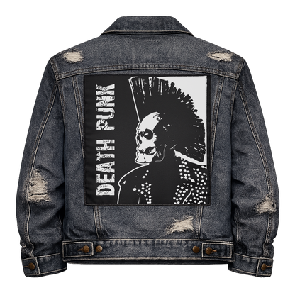 Black fabric back patch sew onto a denim jacket with the design "Death Punk"