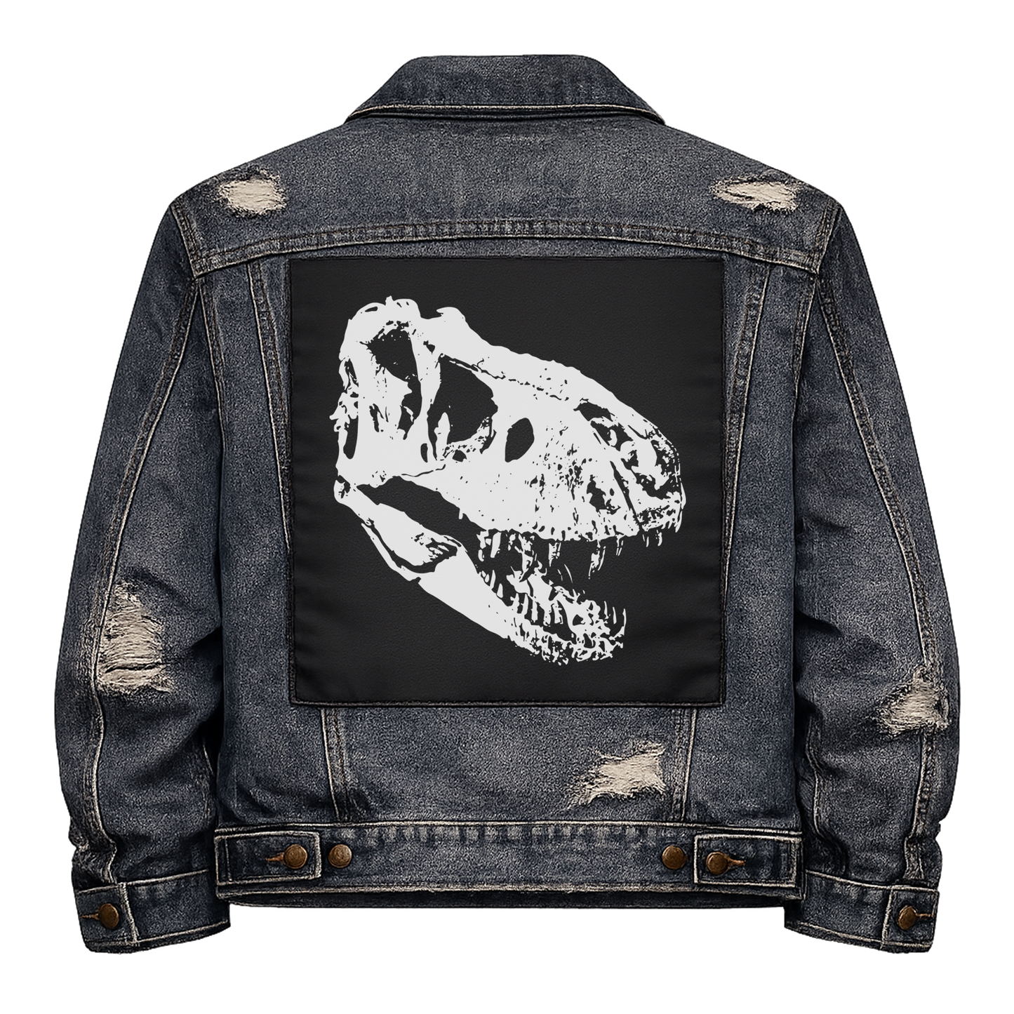 Black fabric back patch sew onto a denim jacket with the design "Tyrannosaurus Skull"