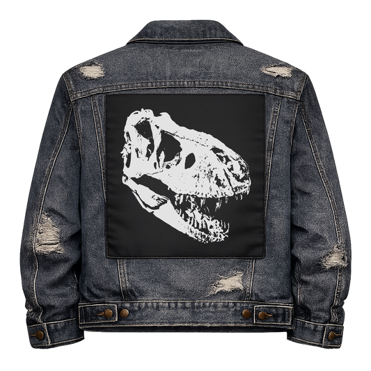 Black fabric back patch sew onto a denim jacket with the design "Tyrannosaurus Skull"