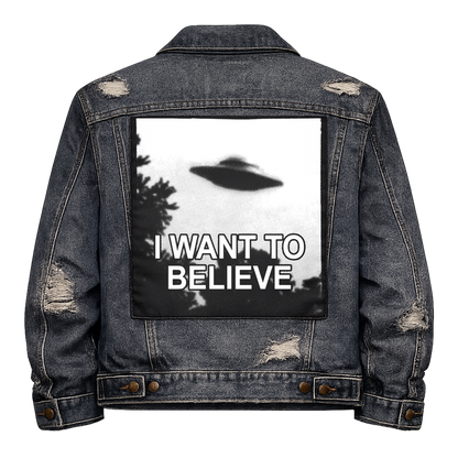 Black fabric back patch sew onto a denim jacket with the design "I Want to Believe"