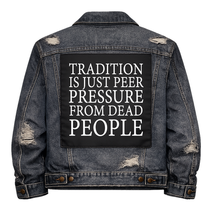 Black fabric back patch sew onto a denim jacket with the design "Peer Pressure"