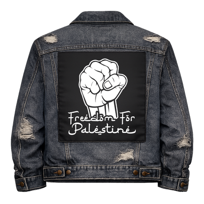 Black fabric back patch sew onto a denim jacket with the design "Freedom for Palestine"