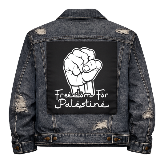 Black fabric back patch sew onto a denim jacket with the design "Freedom for Palestine"