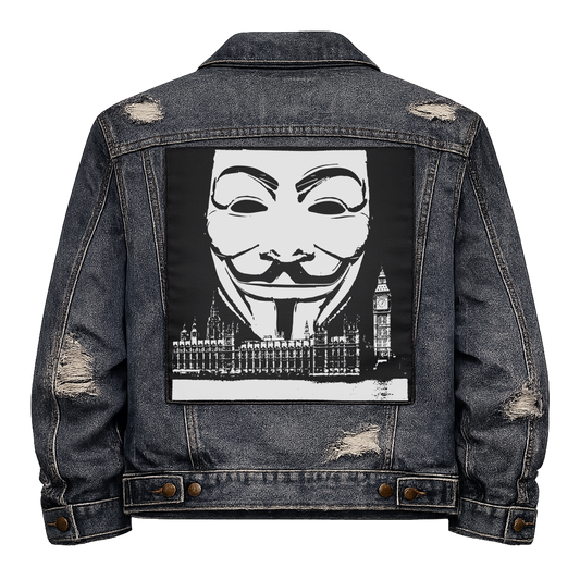 Black fabric back patch sew onto a denim jacket with the design "Westminster Guy Fawkes"
